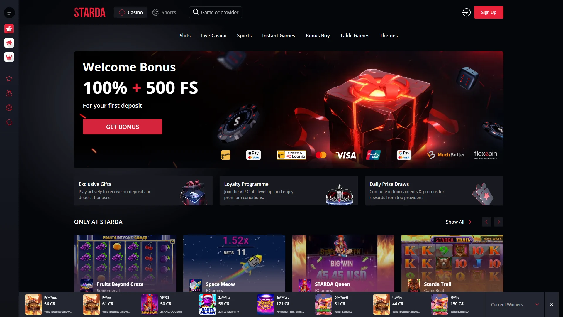 Starda casino lobby on desktop